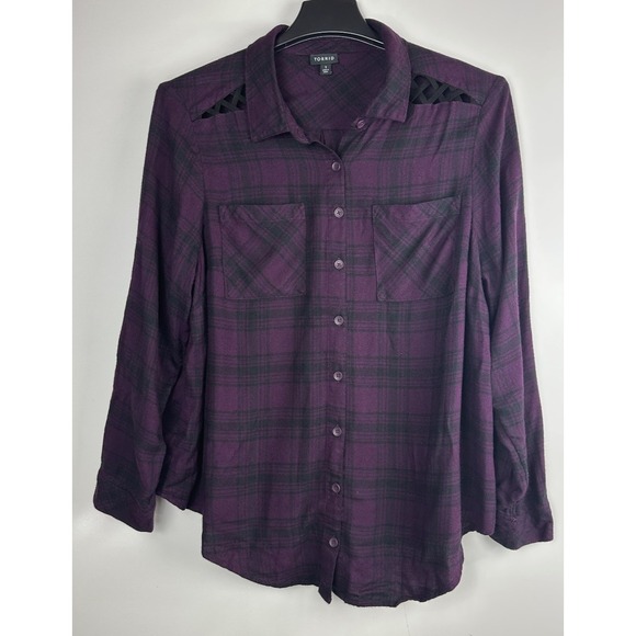 Torrid Purple Black Plaid Button Front Shirt Lattice Shoulder Top Plus Size 1 1X - Picture 2 of 9